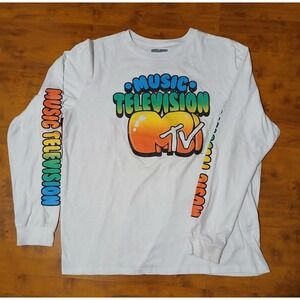 VTG MTV Music Television Shirt Men's Size L Long Sleeve White Graphic Logo 2020